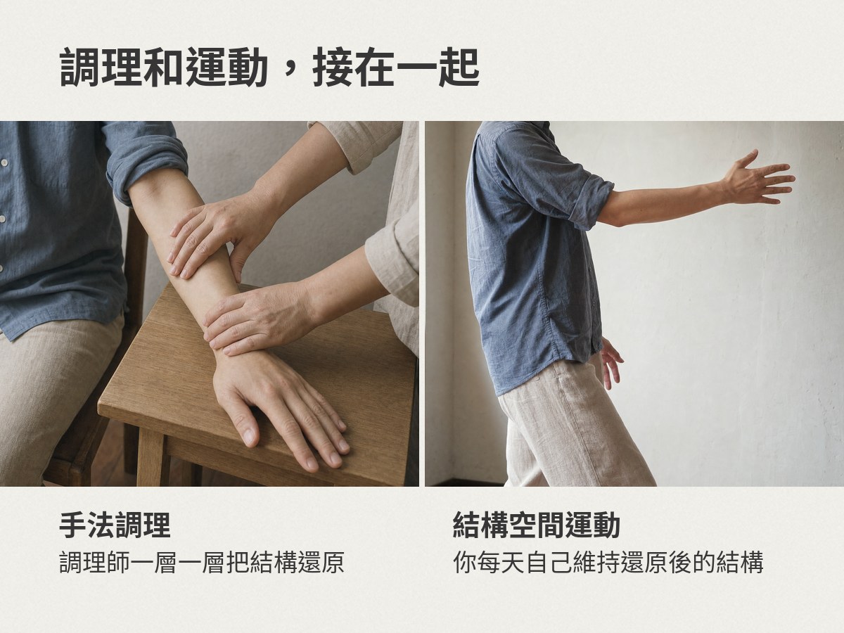左側手法調理由調理師把結構還原,右側結構空間運動由個案每天自己維持還原後的結構。